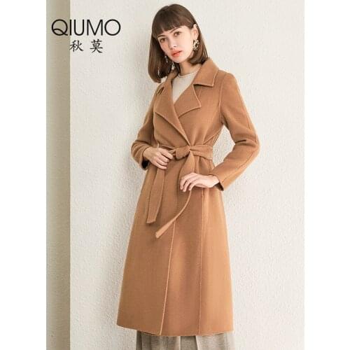 Double sided cashmere coat womens middle and long high-end 2021 new slim camel waist closing autumn and winter wool coat