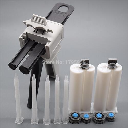 50ml Glue Gun Two Component AB Glue Dispenser Caulk Guns with 2pcs 50ml 1:2 Empty Dual-Barrel Cartridge and 5pc AB Mixed Tube