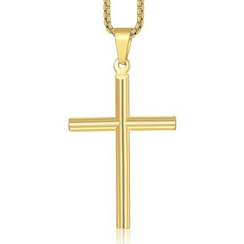 Cross Pendant Necklace for Women Mens Gold Tone Stainless Steel Box Link Chain Cross Jewelry Wholesale KPM139