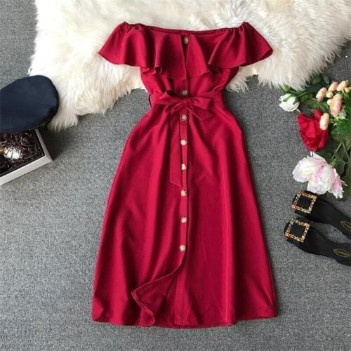 2020 Summer Women dress Wear Slash Neck Splice Short sleeve Flounce Single Breasted Ladies Dresses Waist Casual Women Vestidos
