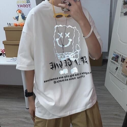 2020 summer loose couple mid-length short sleeve top Hip Hop ins reflective back cartoon T-shirt