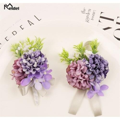 Meldel Silk Wedding Wrist Flowers Bridesmaids Decorative Men Boutonniere Corsage Pins Marriage Wristband Bracelet Boutonnieres