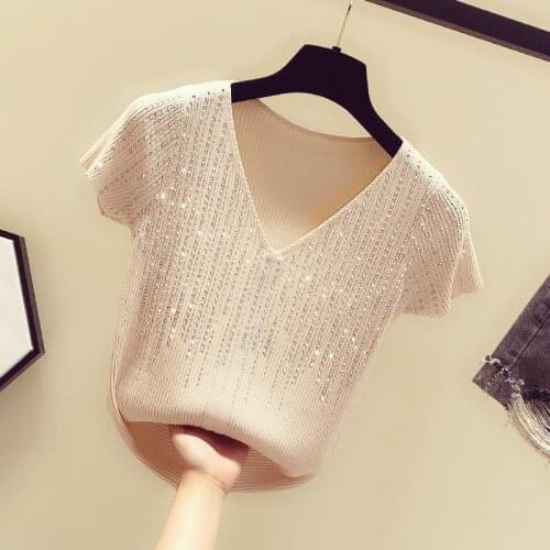 2021Fashion The New Diamond V-neck short-sleeved sweater bottoming shirt womens loose thin pullover summer Style