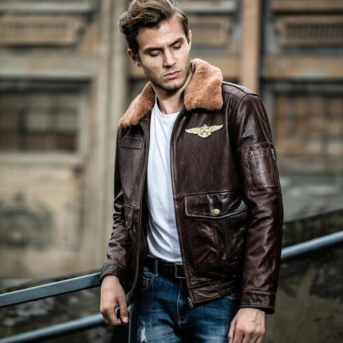 Avirex fly jacket mens genuine leather jacket with fur collar real cowskin leather bomber jacket men winter leather coat