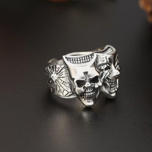 Width 18mm Hiphop Double sided Skull Clown Initial Adjustable Love Ring 100% 925 Sterling Silver Jewelry Men Mosaic Stone Ring