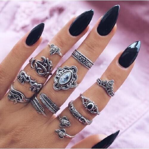 New fashion Bohemian Crystal Elephant crown moon set ring ring ring retro elephant leaf ring set 11 piece ring set