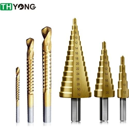 6Pcs HSS Steel Titanium Straight Slot Step Twist Drill Bit Set Metal Hole Cutter Wood Cone Core Drilling Saw Tool 4-12/20/32mm