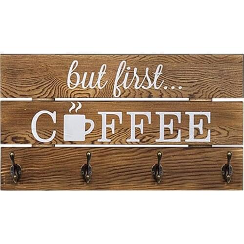 5 Hooks Wall Mounted Rustic Pine Wood Coffee Mug Holder Cup Display Organizer With But First Coffee Sign For Home And beneficial