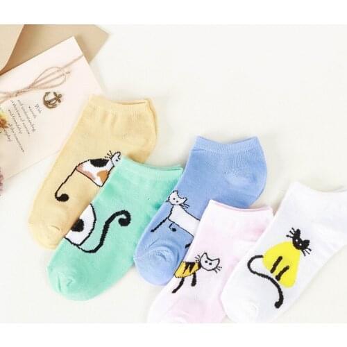5 Pairs New Women Cotton Ankle Socks Cute Cat Comfortable Candy Color Funny Socks Casual Animal Cartoon Socks For Girls