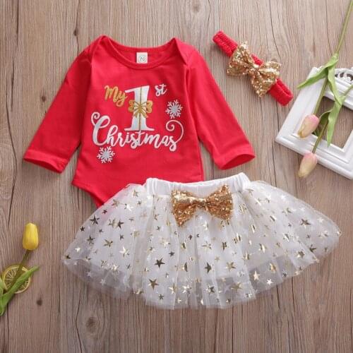 2020 New Hot Fashion AU Stock Baby Girls 0-18M My 1st Christmas Tops Romper+Tulle Dress Outfits Set Clothes ropa de bebe niña