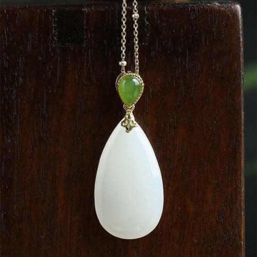 New silver inlaid natural Hetian white jade pendant necklace Chinese style retro water drop shape elegant charm womens jewelry