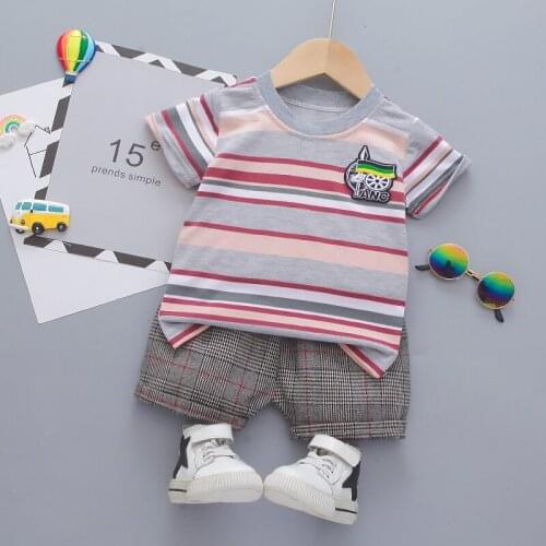 1 2 3 4 Years Boys Clothes Summer Striped Cotton Top + Plaid Pants 2-piece Set Childrens Suit Fashion Casual Short Sleeve