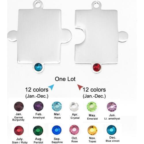 100% Stainless Steel Blank Jigsaw Puzzles Pendant Charms Blank Metal Tags With Birth Stone Mirror Polished Wholesale 12 pair