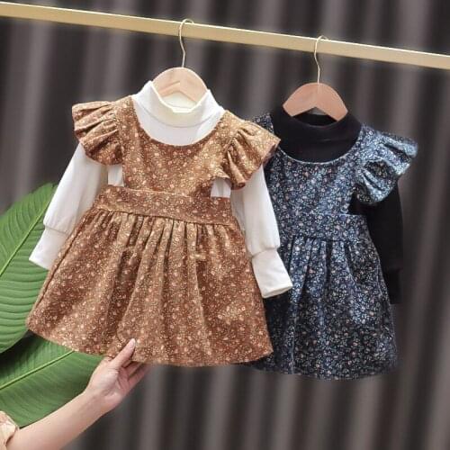 Newborn Baby Long Sleeve Floral Dress Spring&Autumn Toddler Girls Blouse and Sling Dress 2pcs Outfits Children Princess Vestidos