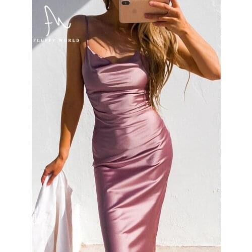 Satin Summer Women Bodycon Long Midi Vintage Backless Dress Fashion High Quality Party Elegant Female Dress Robe FLUFFY WORLD