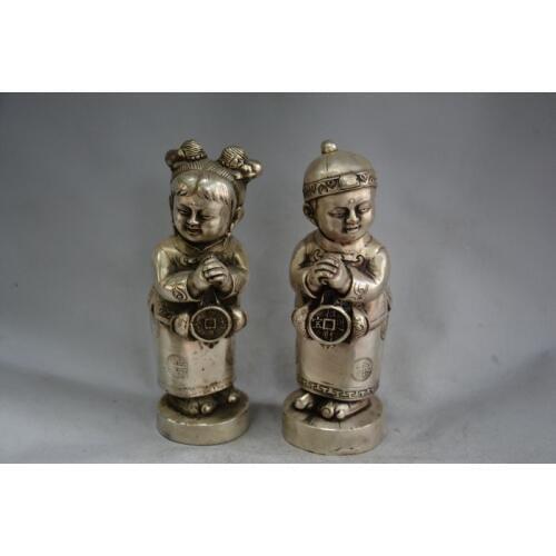 Lovely Old QingDynasty Silver Carving/ Statue----Lucky Boy, A pair, best collection&adornment,free shipping