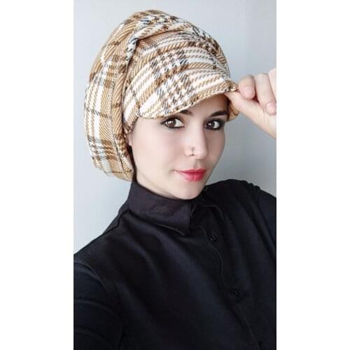 Womens Stamp Hat Scarf Bone Coffee white stripe