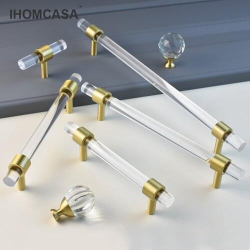 IHOMCASA 2020Modern Style Acrylic Drawer Knobs Brass T Bar Handle Bathroom Pulls Kitchen Wardrobe Shoe Box Cabinet Door Handles