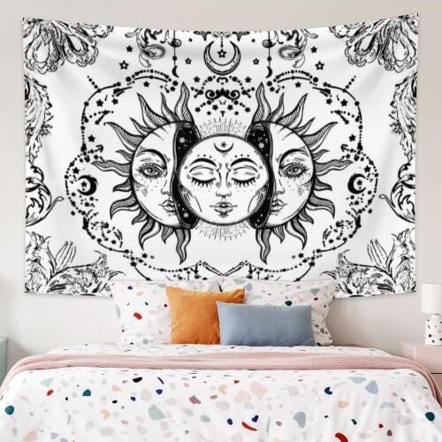 Black Sun Flower White Tapestry Vintage Exotic Summer Plant Nature Frame for Bedroom Photography Wall Decor
