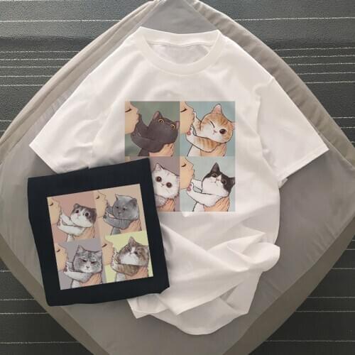 Ulzzang Cute Cat Female Fun Cartoon Tops Kawaii Girls Japan Streetwear Harajuku Casual Chic Vintage Short Sleeve Women T-Shirt