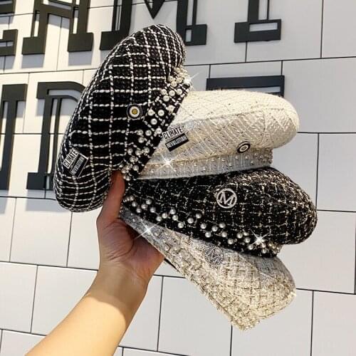 Maershei Womens hat autumn and winter plaid pearl beret ladies fashion plaid painter cap gorras girl party hat