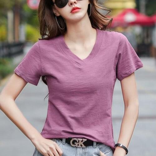 2021 New Summer Short-sleeved T-shirt Womens Loose Plus Size White Tops V-neck Cotton Split Korean Version Casual Clothes 14183