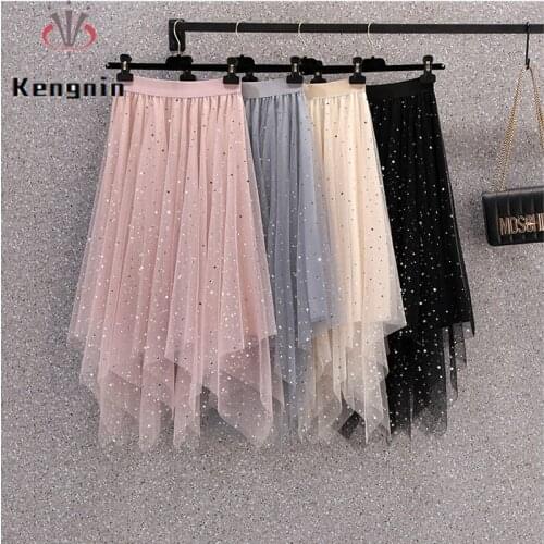 Oversized Women Mesh Skirts 2021 Summer New Korean Chic Ladies Skirt Sequined Asymmetrical Female Elastic Waist Skirt KE1316