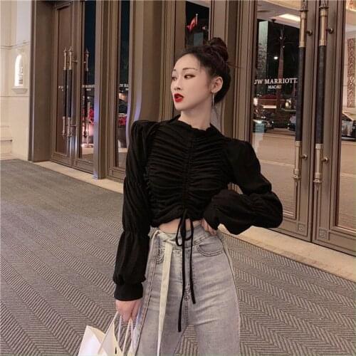 Autumn New Design Sense T-shirt Drawstring Pleated Long Sleeve Crop Top Shirt Women Tshirt Fashion Slim And Thin Bottomed Vogue