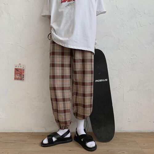 2020 Mens Straight Plaid Printing Cargo Casual Pants Loose Handsome Wide Leg Pants Streetwear Khaki/green Color Trousers M-XL