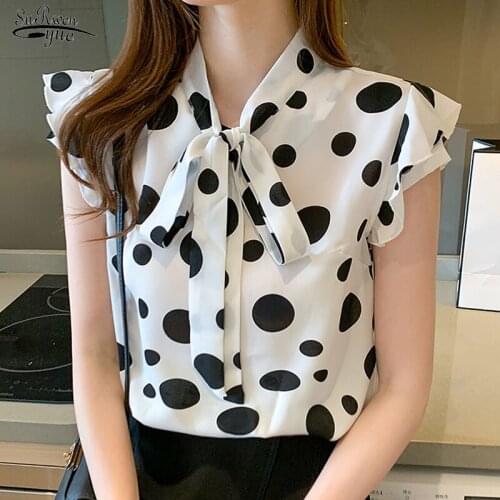 2021 Summer Sleeveless Women Blouse and Tops Office Lady Chiffon Dot Women Shirts Printing Bow Female Clothing Blusas 14203