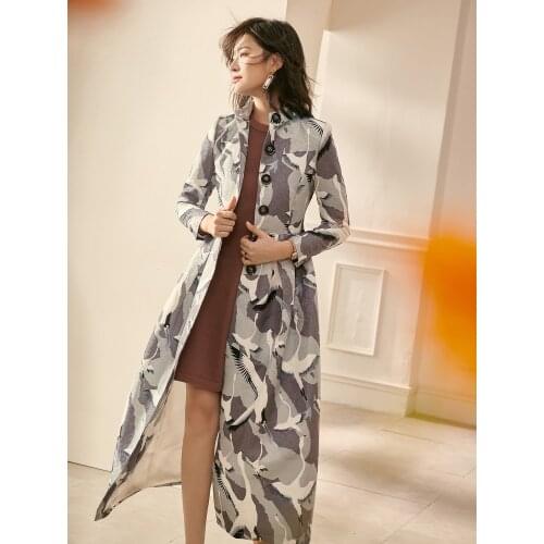 2021 Spring Women Clothing Womens Stand Collar Dobby Floral Pattern Trench Coat , Fall Woman 3xl High Waisted Windbreaker Coats