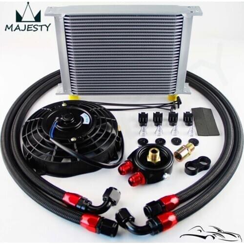 28 Row 10AN Racing Oil Cooler w/ Filter Adapter Fuel Hose + 7" Electric Fan Kit