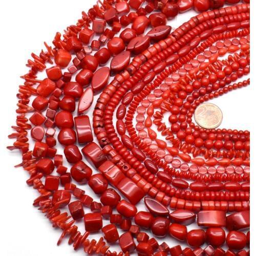 Natural Stone Red Coral Beads Irregularity Geometry Round Square Shape Spacer Beads For Jewelry Making DIY Bracelet Necklace