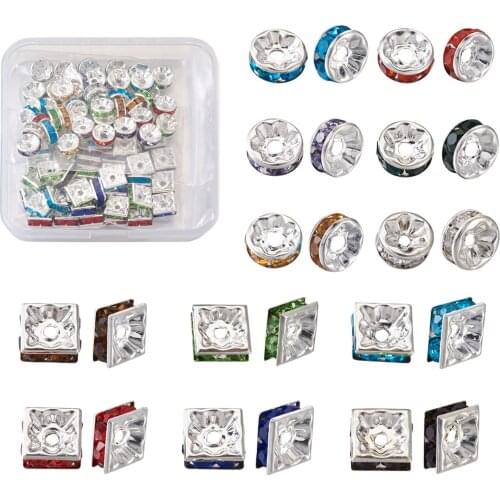 Brass Grade A Rhinestone Spacer Beads, Silver Color, Nickel Free, Mixed Color, 6x3mm, Hole: 1mm