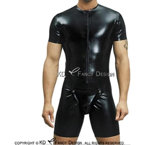 Black Sexy Latex Catsuit With Codpiece And Front Zip Short Sleeves Rubber Bodysuit Overall Zentai Body Suit LTY-0257