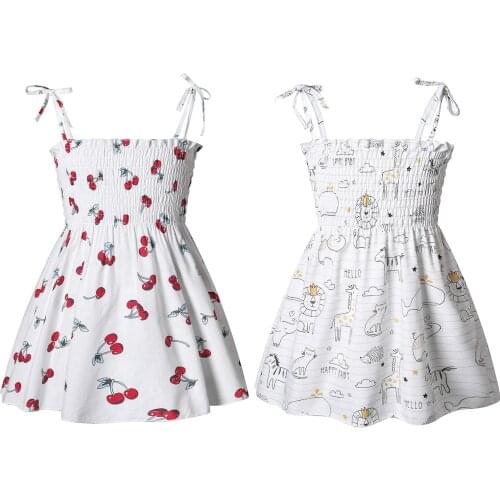 2021 Children Kids Summer Dress Cherry Lion Giraffe Printed Casual Dresses For Girl Sleeveless Ruched Princess Dress Clothing