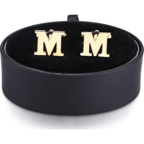 DY a set of high quality plating golden letters M Cufflinks black leather box men French shirt Cufflinks box set free shipping