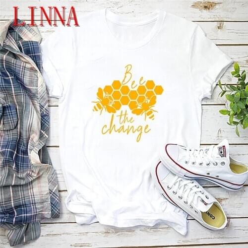 LINNA Bee Change T-shirt Tumblr Graphic Retro Grunge Cotton Linen Honeycomb Aesthetics Street Style Casual T-shirt Top
