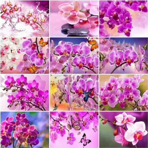 Huacan 5D Diamond Painting Orchid Cross Stitch Wall Art Rhinestone Picture Diamond Embroidery Flower Kit Home Decor