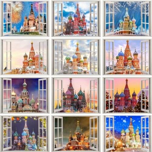 HUACAN Diamond Painting Church Full Square Drill Needlework Diamond Embroidery Landscape Mosaic Window Handicraft Decor For Home