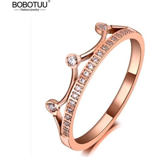 BOBOTUU OL Style Stainless Steel Rhinestone Crown Ring Jewelry Classic Rose Gold CZ Crystal Wedding Ring For Women BR19137