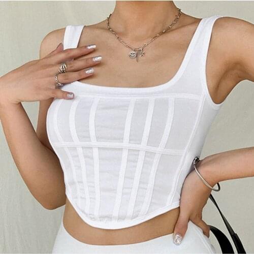 Women Fashion Solid Color Crop Tops summer Ladies Casual Sleeveless Slim Camisole Tank Tops Square Neck Bottoming Vest White