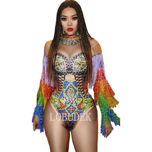 Multi-Color Rhinestones Tassel Sleeve Women DJ Singer Bar Sexy Costume Club Party Dancer Crystals Fringe Bodysuits