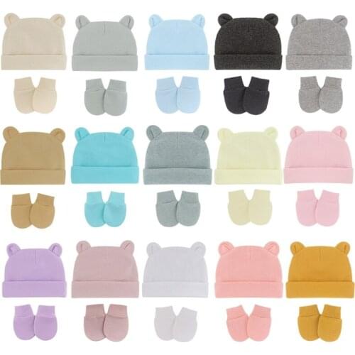 Newborn Baby Cotton Beanies Hospital Hat and Mittens Set Solid Candy Color Stretchy Infant Warm Cap Gloves 0-1 Years Old