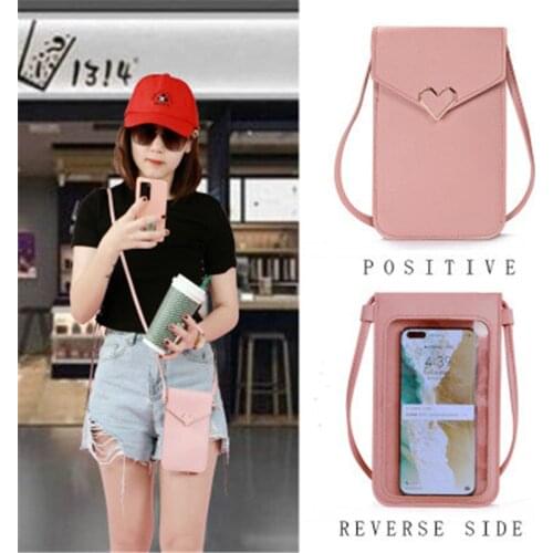 New Student Messenger Bag Womens Heart-Shaped Decorative Transparent Touch Screen Simple Retro Mobile Phone Bag Wallet Handbags