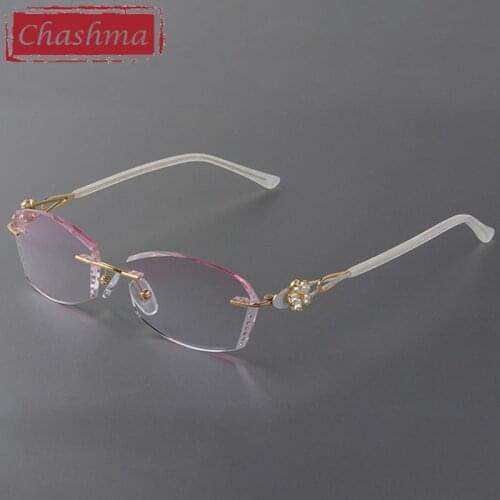 Chashma Rimless Gold White Spectacles Flower Titanium Fashion Eye Glasses Diamond Trimmed Frames Women Sunglasses Tint Lens