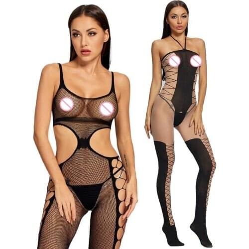 Hollow Out Transparent Bodysuit Sexy Lingerie Mesh Catsuit Sex Erotic Underwear Sexi Women Crotchless Nylon Jumpsuit Stockings