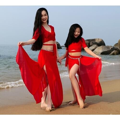 Belly dance sexy V-neck shirt 2020 new Belly dance sexy V-nchiffon petal silk split skirt women/parent-child competition costume