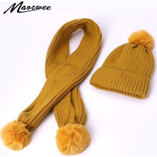 Lovely Baby Pompon Hat And Scarf Set Winter Children Outdoor Knitted Warm Scarf Beanie Hats Set Fashion Solid Scarf For Girl Boy