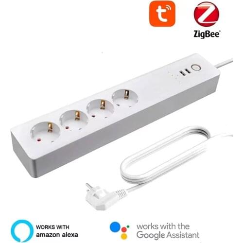 Zigbee Smart Power Strip EU Smart Power Bar Multiple Outlet Extension Cord with 2 USB and 4 AC Plugs by Tuya